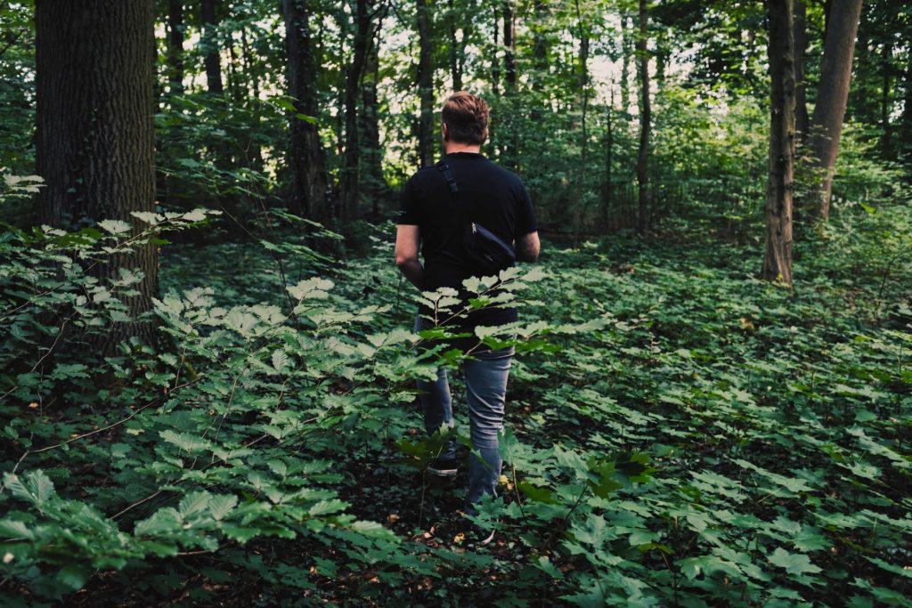 un homme cherchant des champignons en ce moment en forêt
